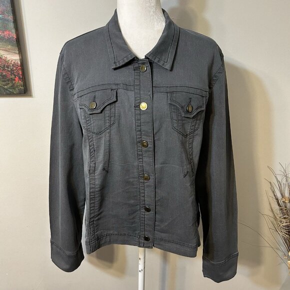 FDJ French Dressing Women Gray Jean Jacket Size XL Gold Button Front Stretch EUC - Picture 1 of 7